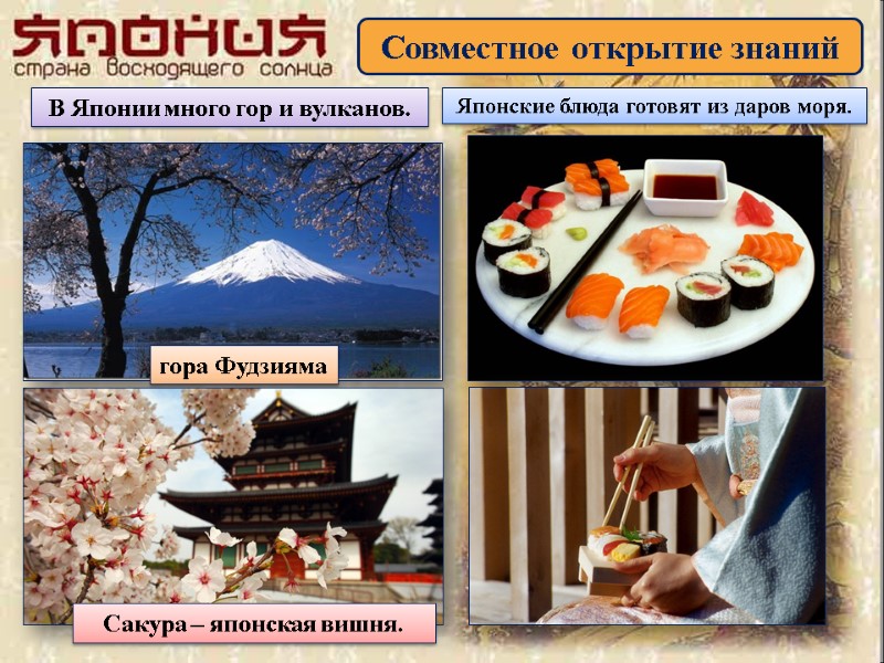 Совместное открытие знаний В Японии много гор и вулканов. гора Фудзияма Сакура – японская